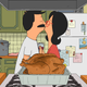 Bob and Linda Belcher kiss in their kitchen, alongside a Thanksgiving turkey, in "Putts-giving."